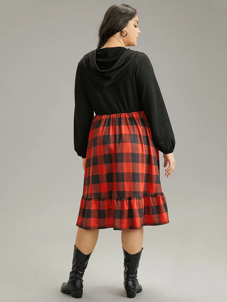 Plaid Patchwork Ruffle Hem Hooded Lantern Sleeve Dress