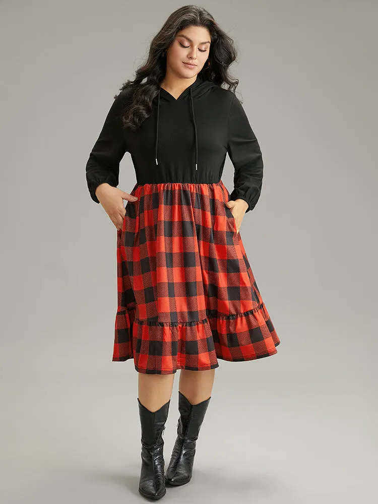 Plaid Patchwork Ruffle Hem Hooded Lantern Sleeve Dress