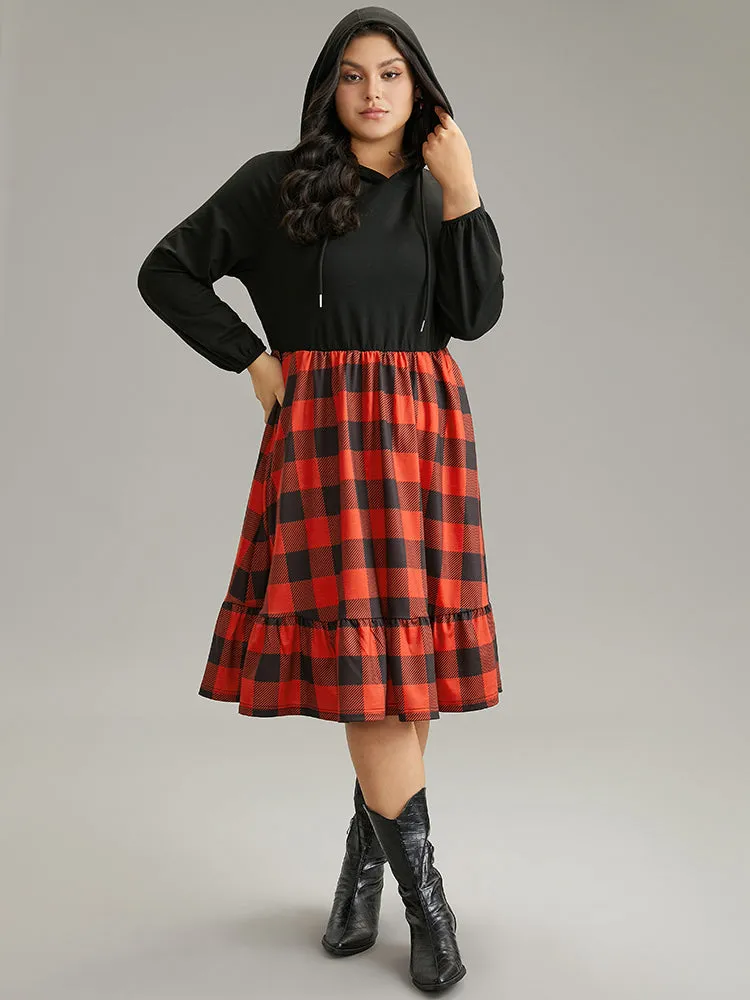 Plaid Patchwork Ruffle Hem Hooded Lantern Sleeve Dress