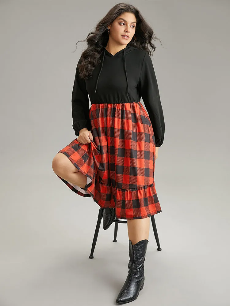 Plaid Patchwork Ruffle Hem Hooded Lantern Sleeve Dress