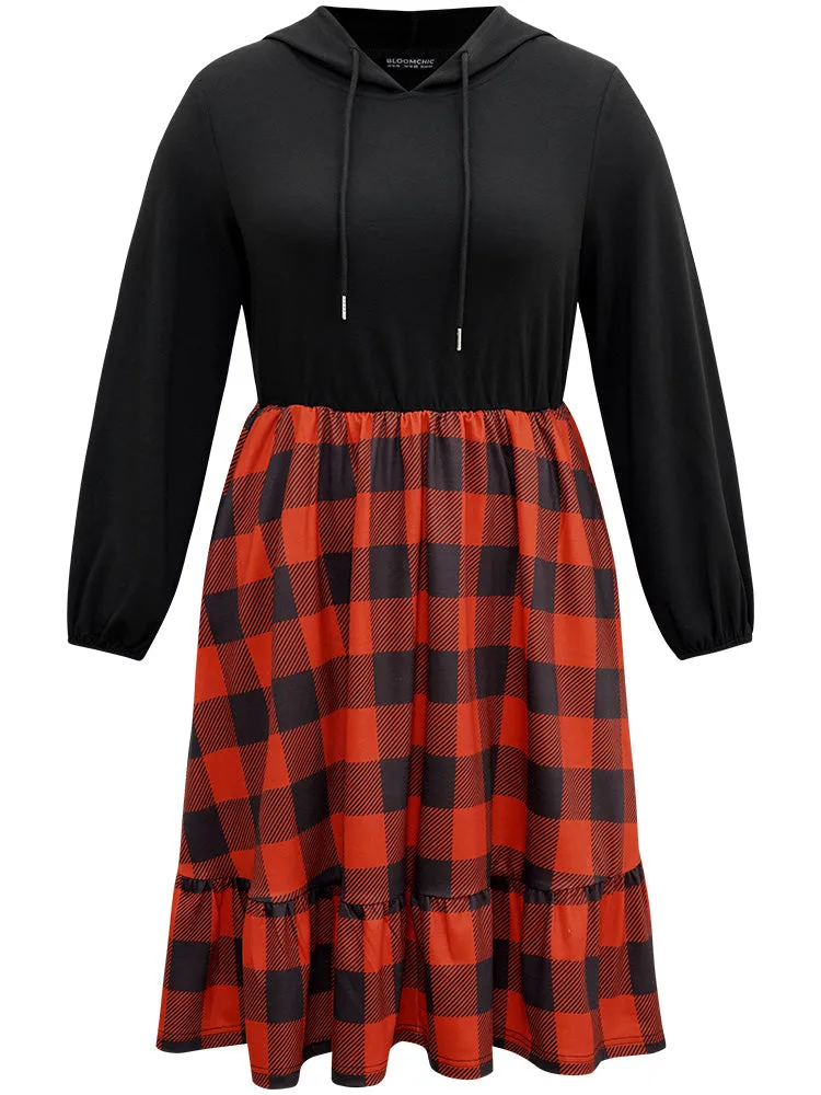 Plaid Patchwork Ruffle Hem Hooded Lantern Sleeve Dress