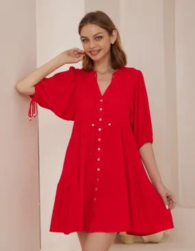 Presley Button Front V Neck Dress in Red