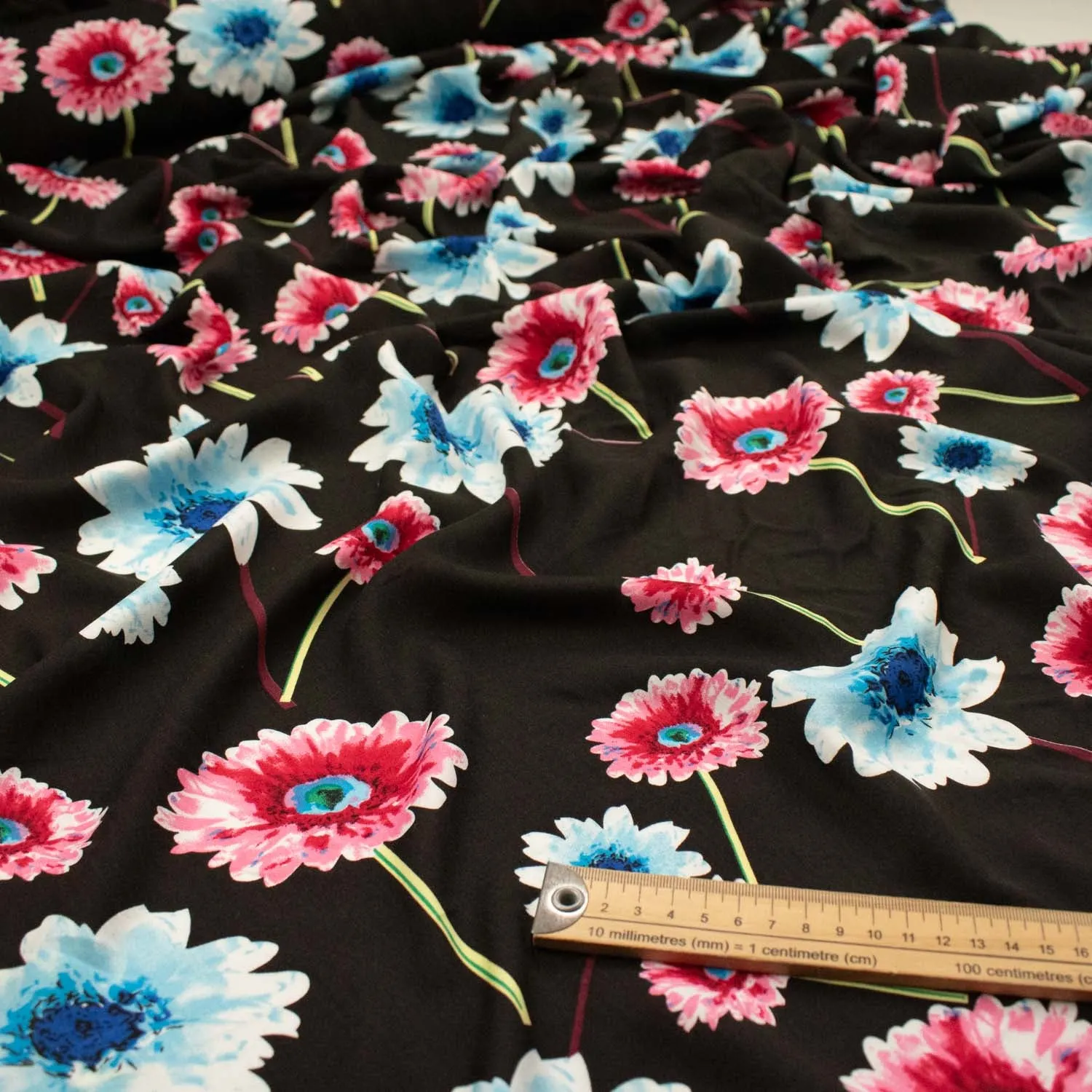 Printed Rayon Design-61 Blue & Pink Flowers on Black