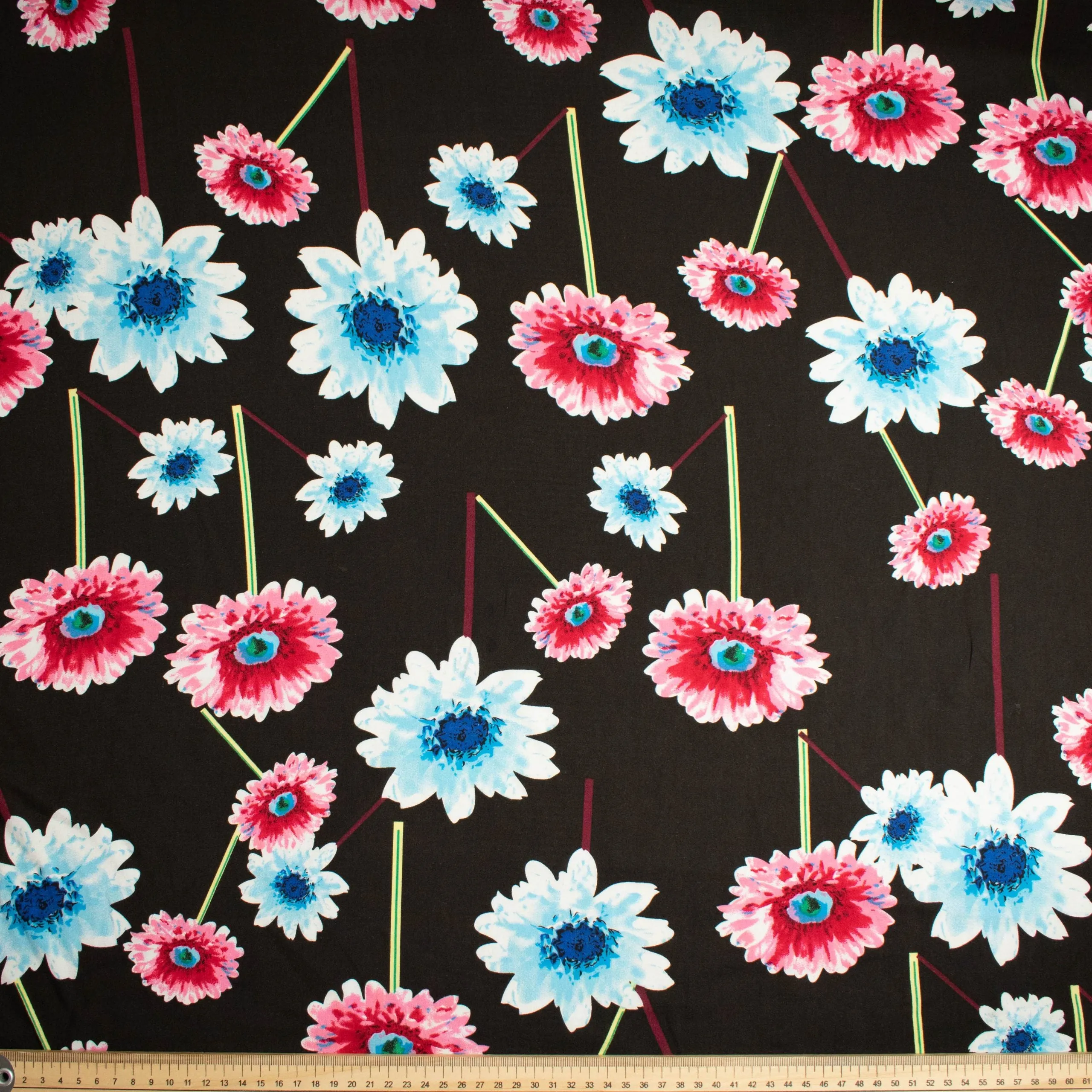 Printed Rayon Design-61 Blue & Pink Flowers on Black