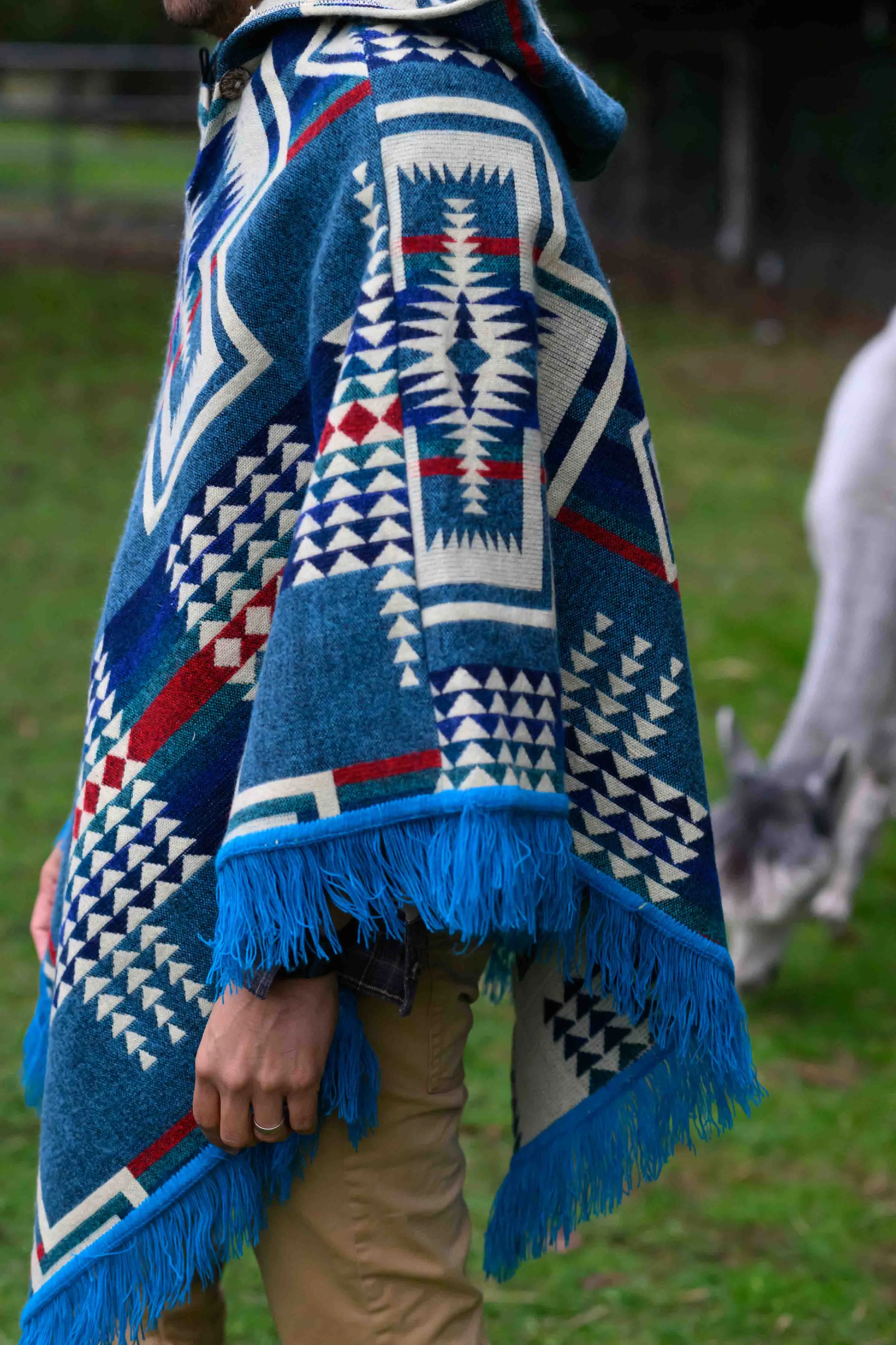 San Borjas - Azul - Alpaca Poncho with Native Pattern Triangular Design