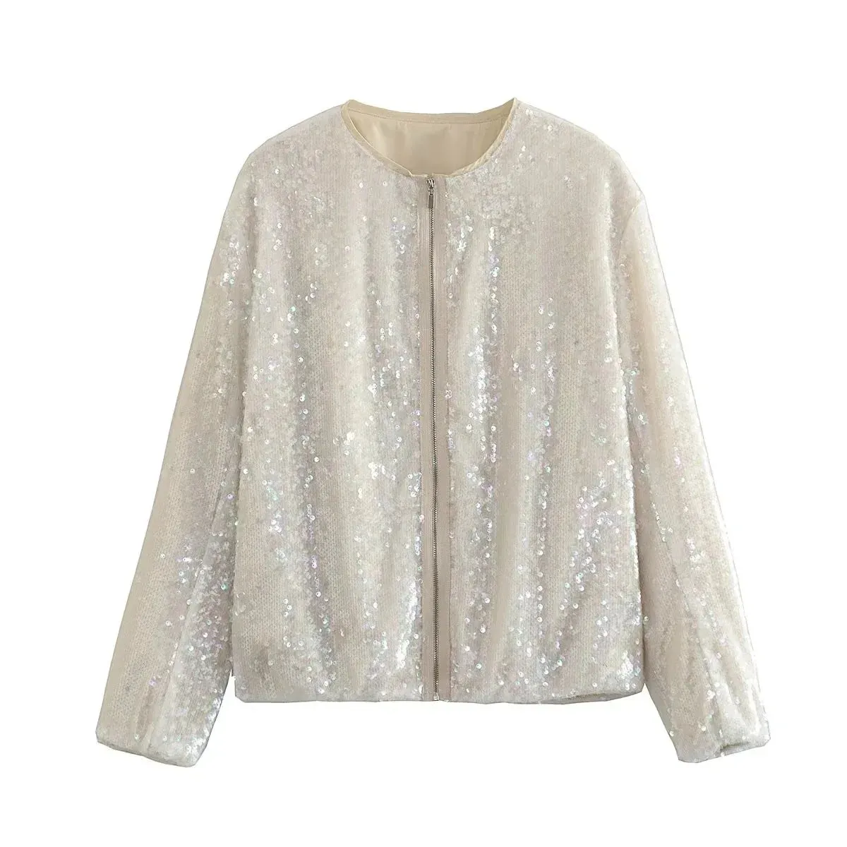 Sequin Round neck long sleeves Front pockets Jacket