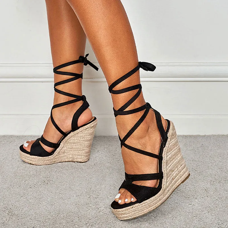 Sexy Open Toe Strappy Suede Lace Up Ankle Tie Wedge Espadrilles - Black