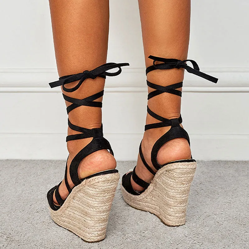 Sexy Open Toe Strappy Suede Lace Up Ankle Tie Wedge Espadrilles - Black