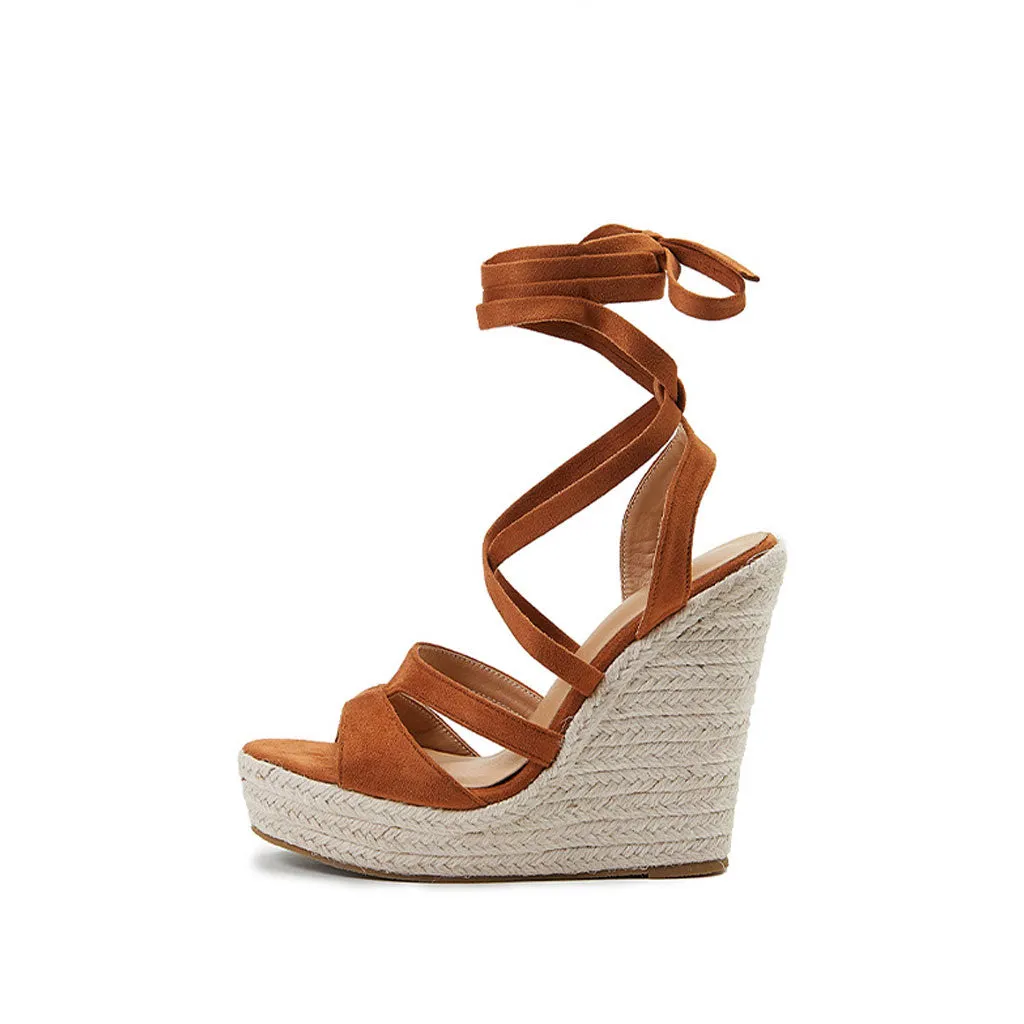 Sexy Open Toe Strappy Suede Lace Up Ankle Tie Wedge Espadrilles - Brown