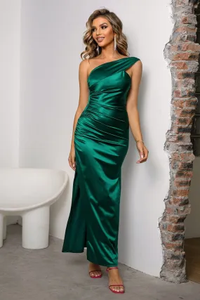 Shoulder Spotlight Green Satin Maxi Dress