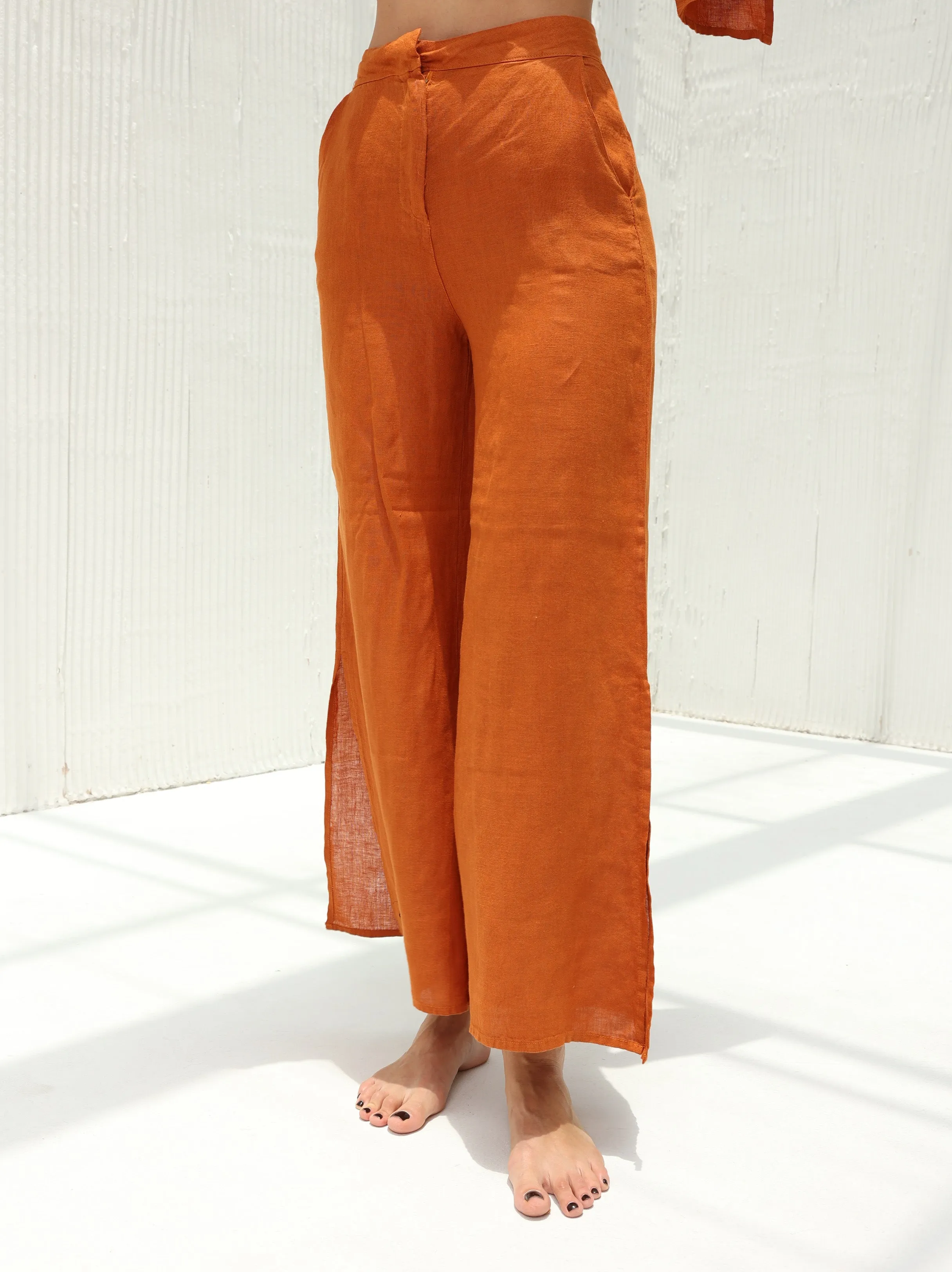 Sofia Pure Linen Side-Slit Pants