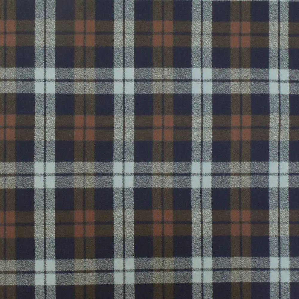 Vintage Navy-Brown-Gray Plaid Cotton Momie Woven Fabric