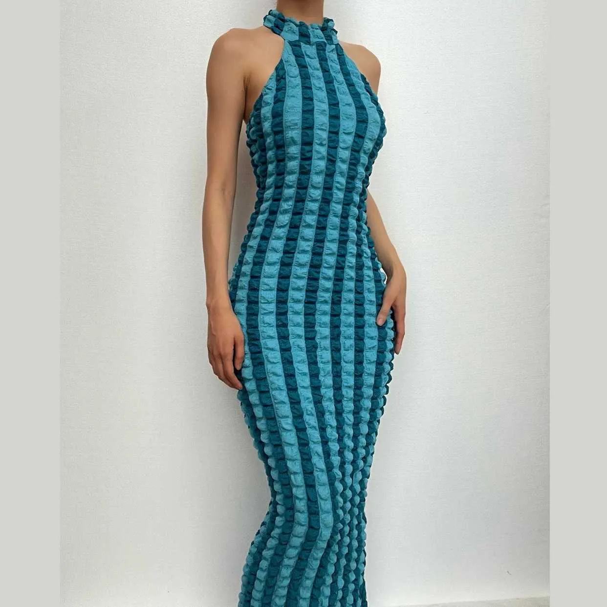 Waffle halter contrast backless high neck maxi dress