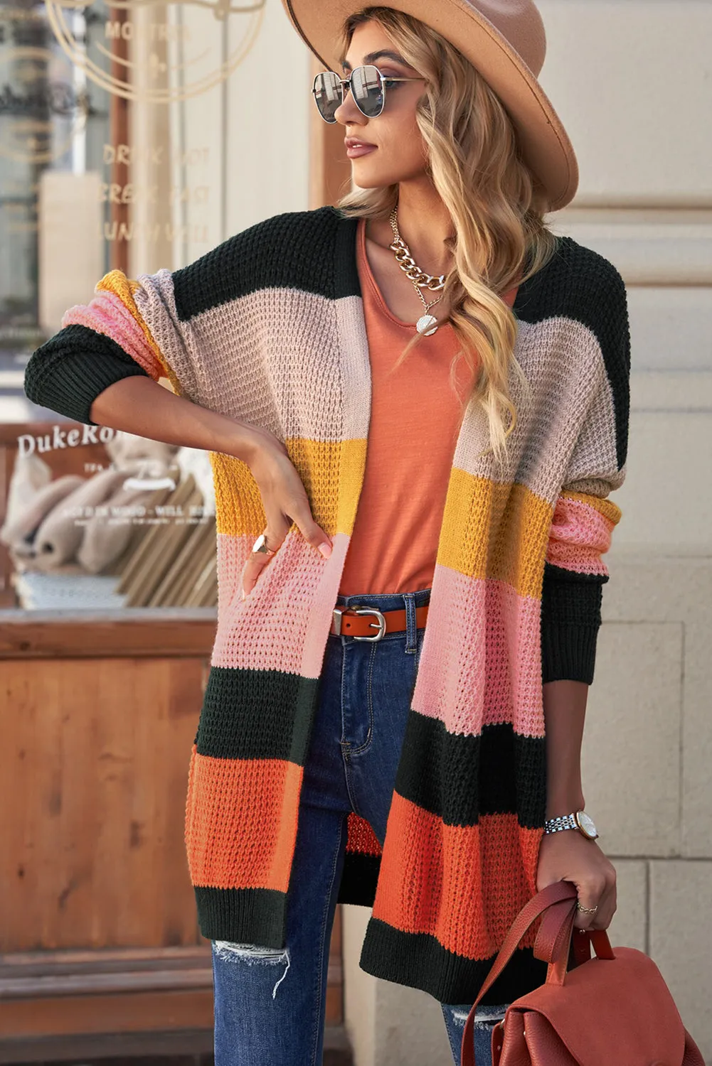 Waffle Knit Striped Open Front Cardigan