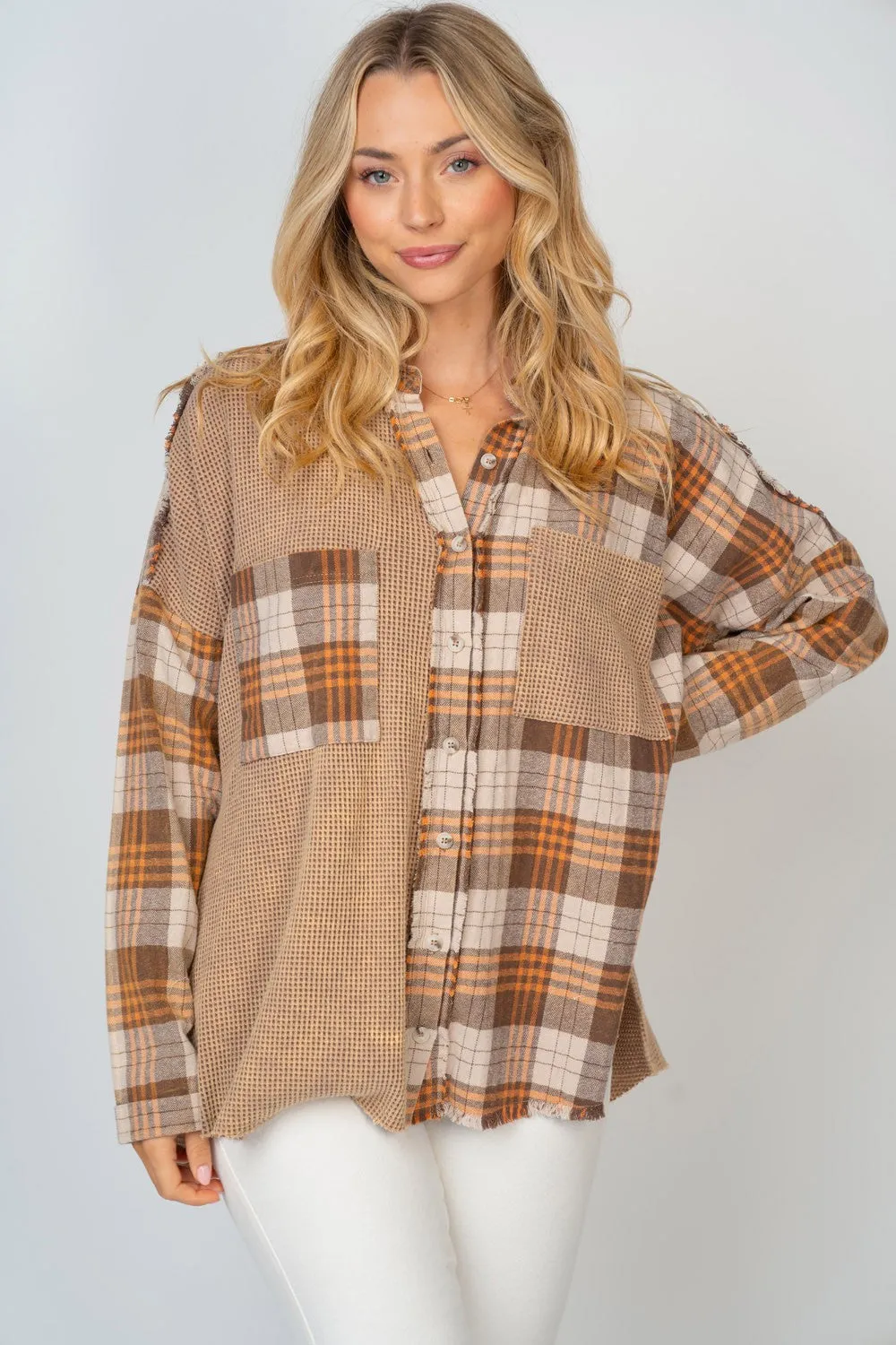 White Birch Full Size Contrast Plaid Button Down Shirt